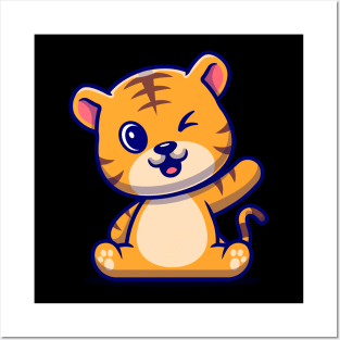 Cute Tiger Waving Hand Cartoon Posters and Art